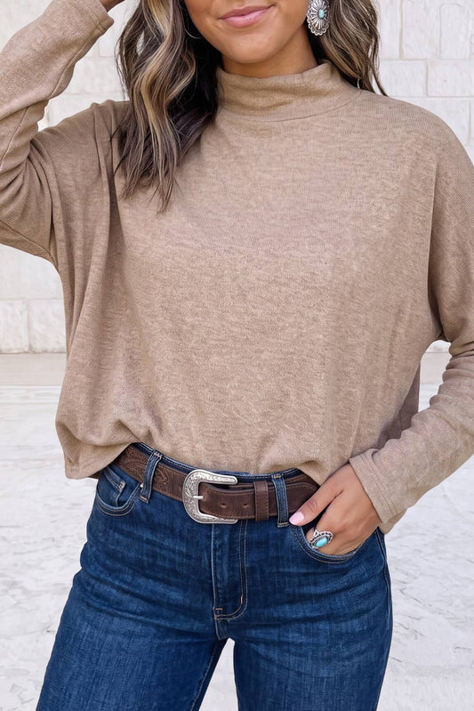 1 the Woman - Oversized Mock Neck Long Sleeve Layering Basic Blouse