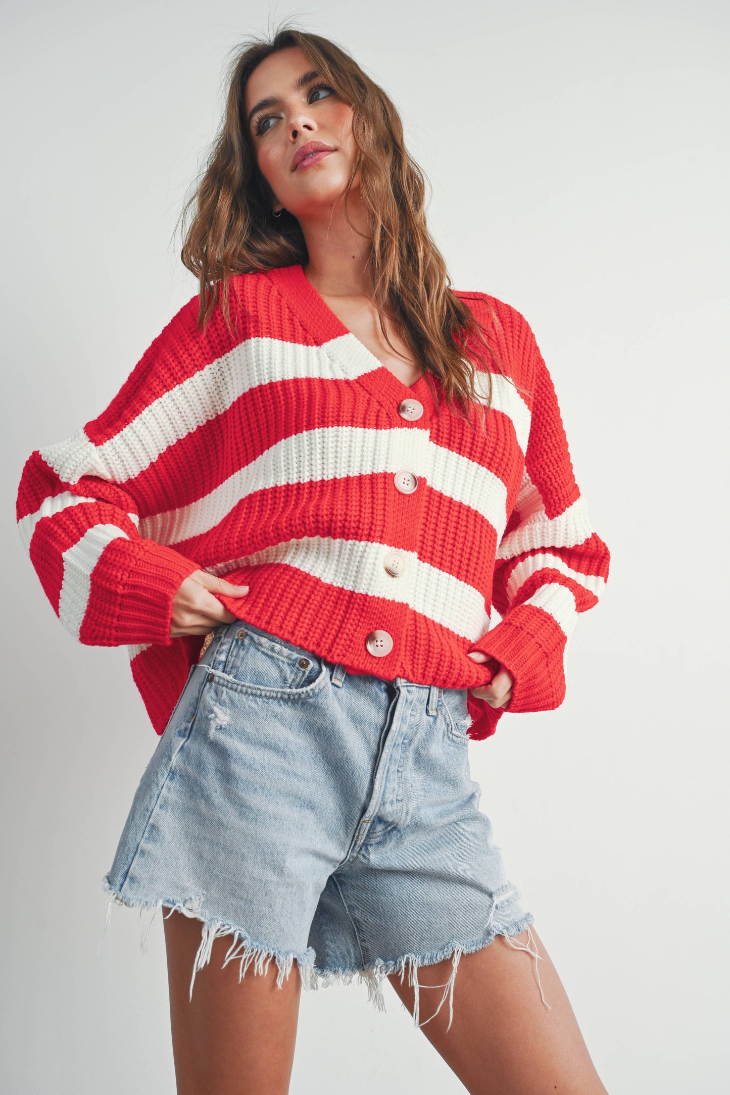 BUTTERMELON - Striped V-Neck Cardigan sweater with Buttons - BMC7331