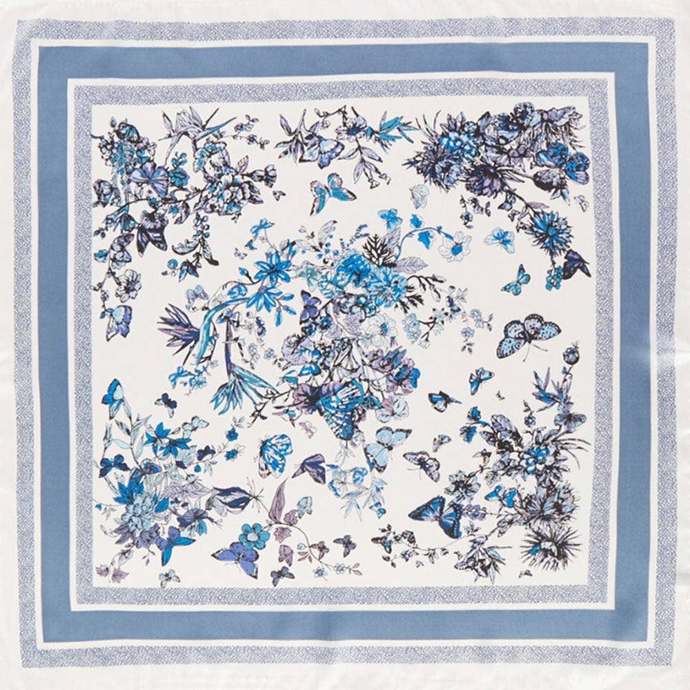 Sensibling Corp. - Chinoiserie Butterfly Floral Pattern Printed Square Silky Satin Bandana Scarf
