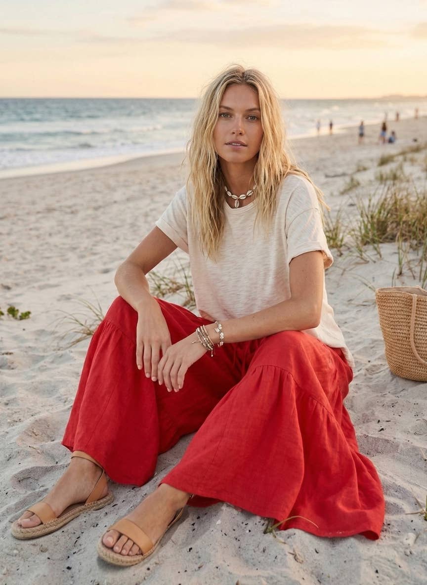 Sewn and Seen - Linen Blend Tiered Wide Leg Palazzo Pants
