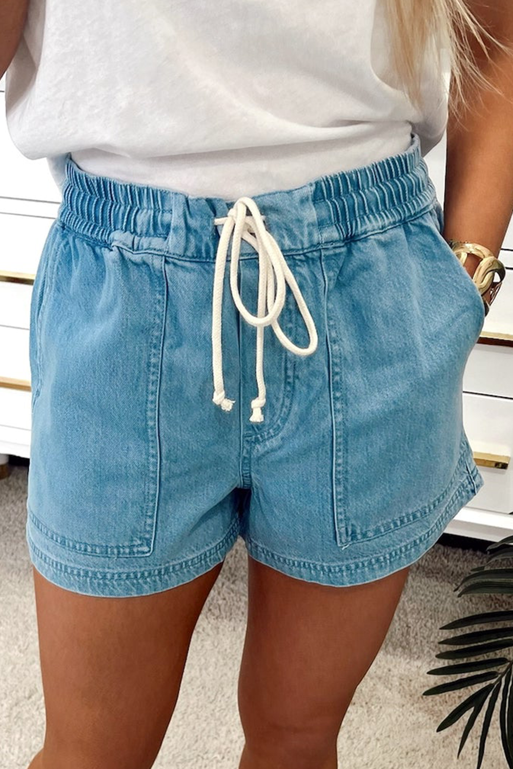 Lovesoft - Beau Blue Contrast Drawstring Elastic Waistband Denim Shorts