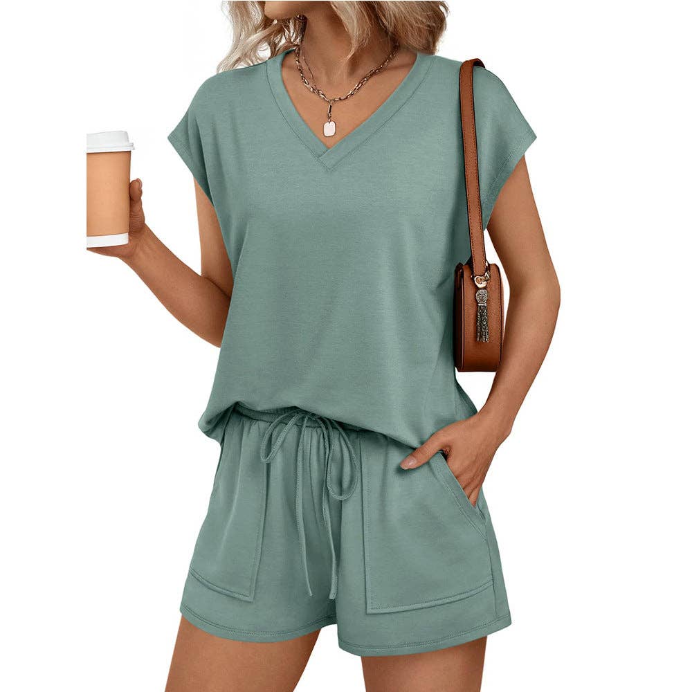 Lovesoft - Women’s V Neck Short Sleeve Top and Drawstring Shorts Set Casual Summer Lounge Outfit