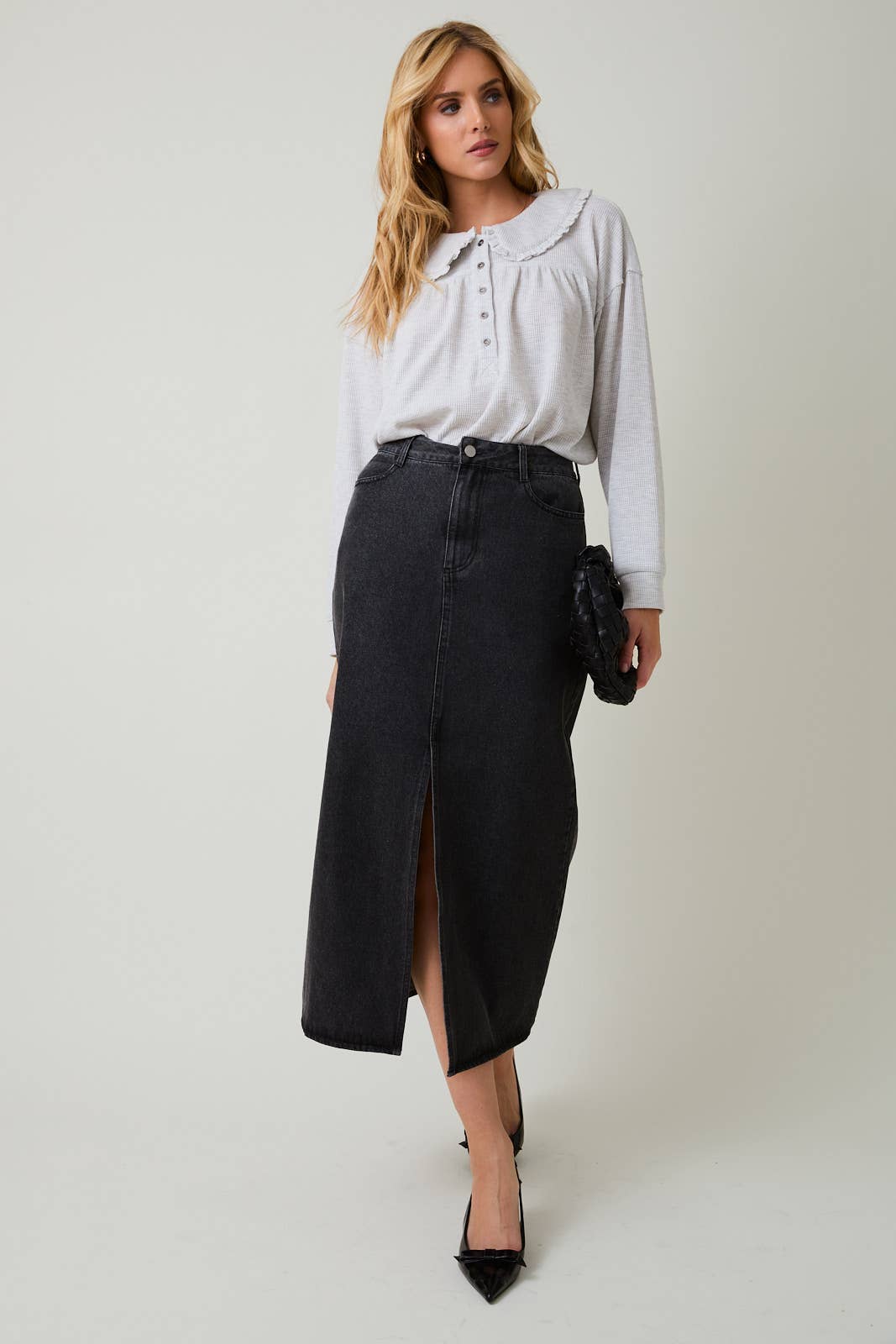 Sunday Edition by LE LIS - PETER PAN COLLARED THERMAL LONG SLEEVE BUTTON UP TOP