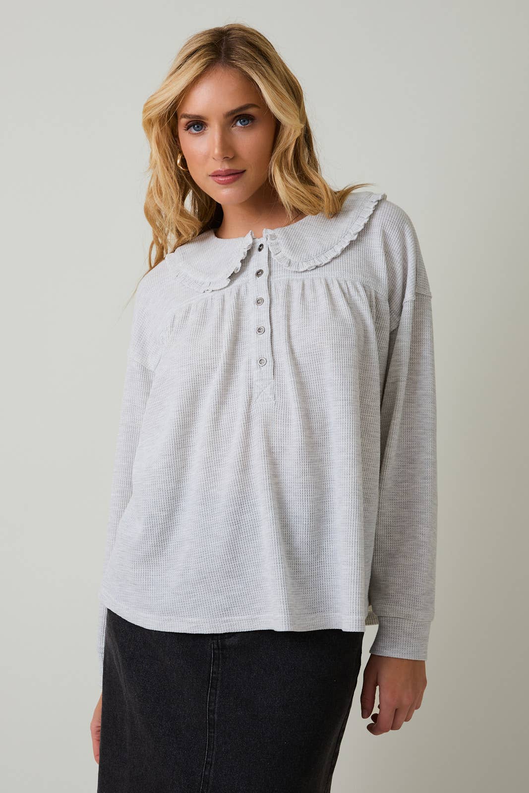 Sunday Edition by LE LIS - PETER PAN COLLARED THERMAL LONG SLEEVE BUTTON UP TOP