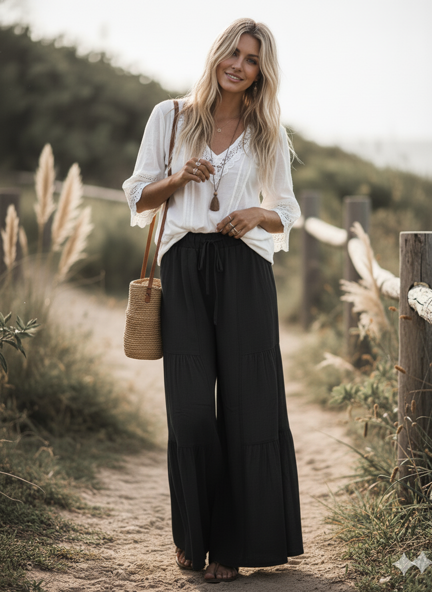 Sewn and Seen - Linen Blend Tiered Wide Leg Palazzo Pants