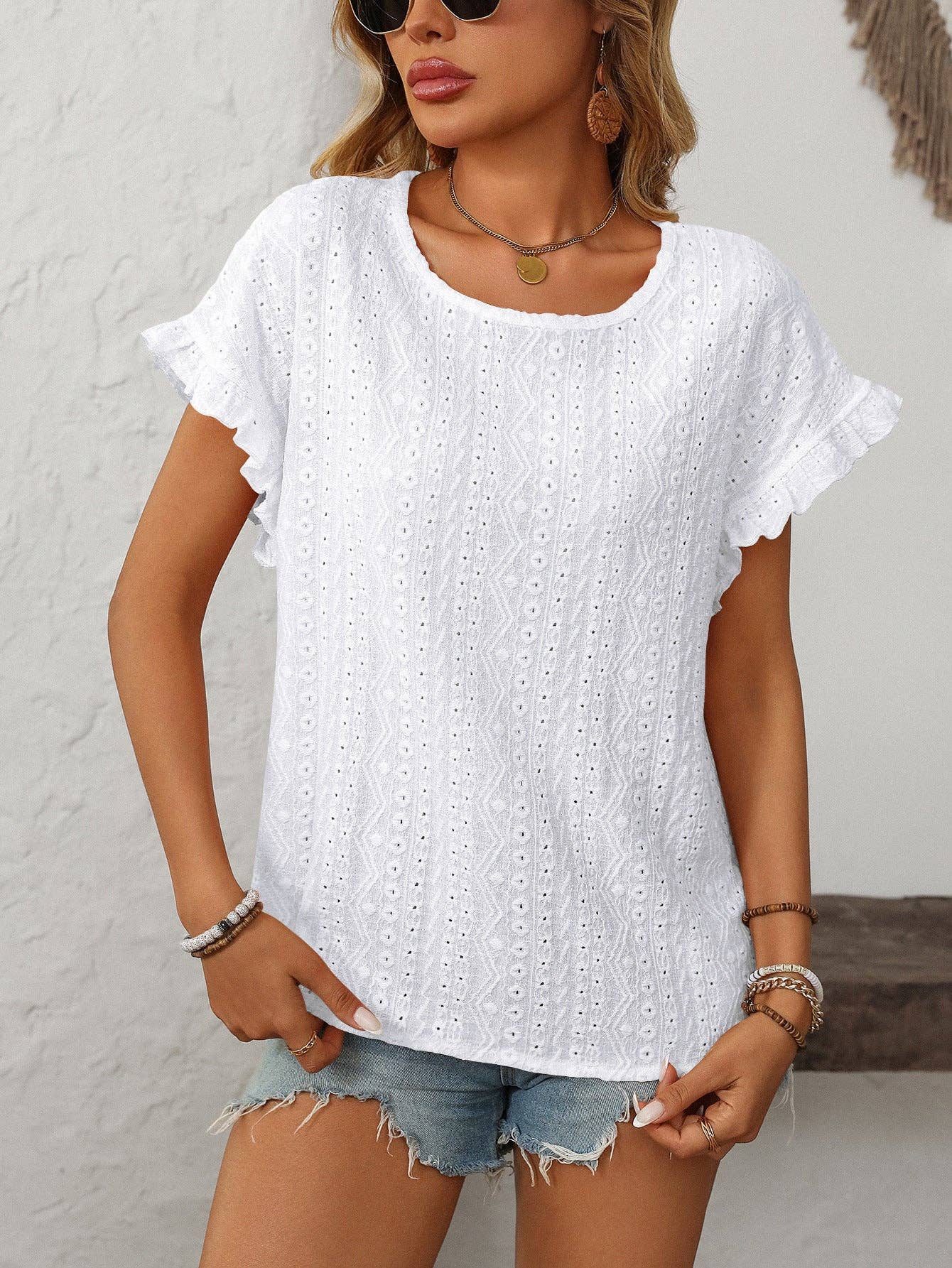 Lovesoft - Solid Color Crewneck Sweet Short-Sleeve Hollow-Out Top