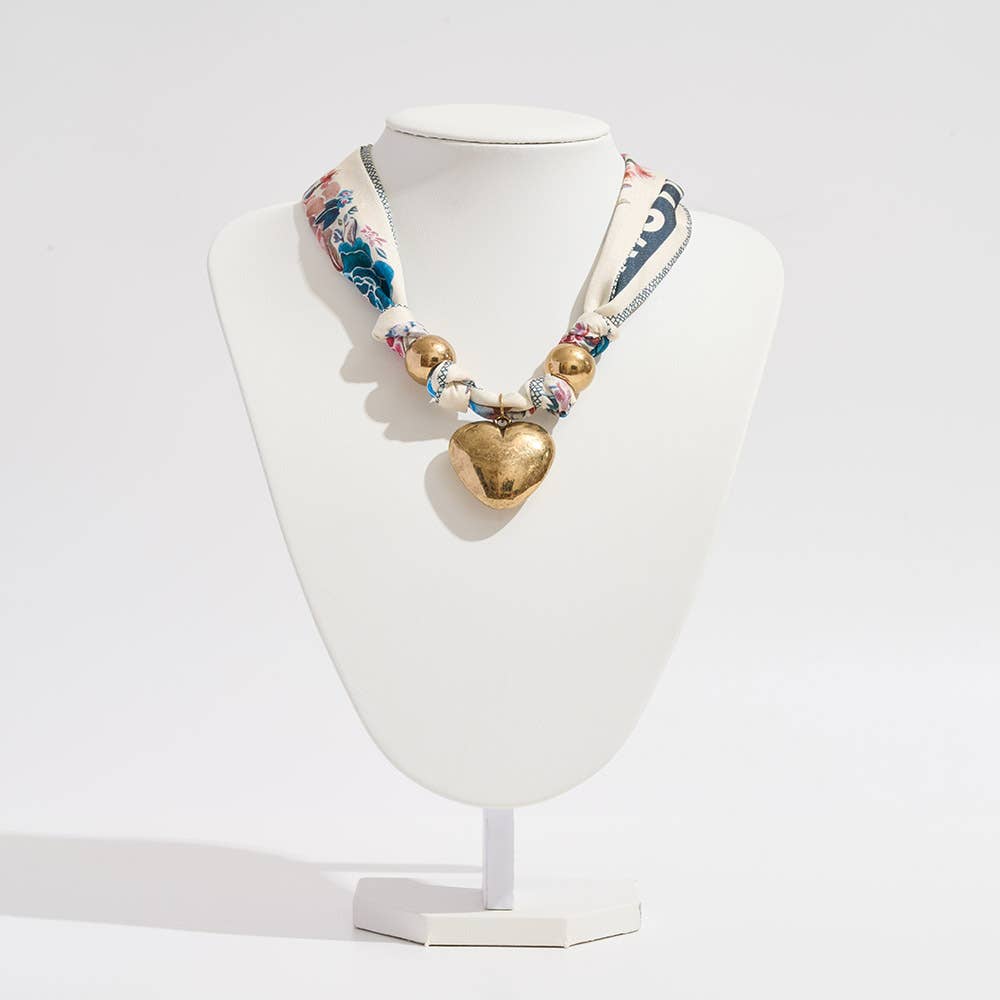 Sensibling Corp. - Gold Dipped Puffy Heart Charm Fabric Scarf Necklace / Adjustable Bracelet / Bag Charm
