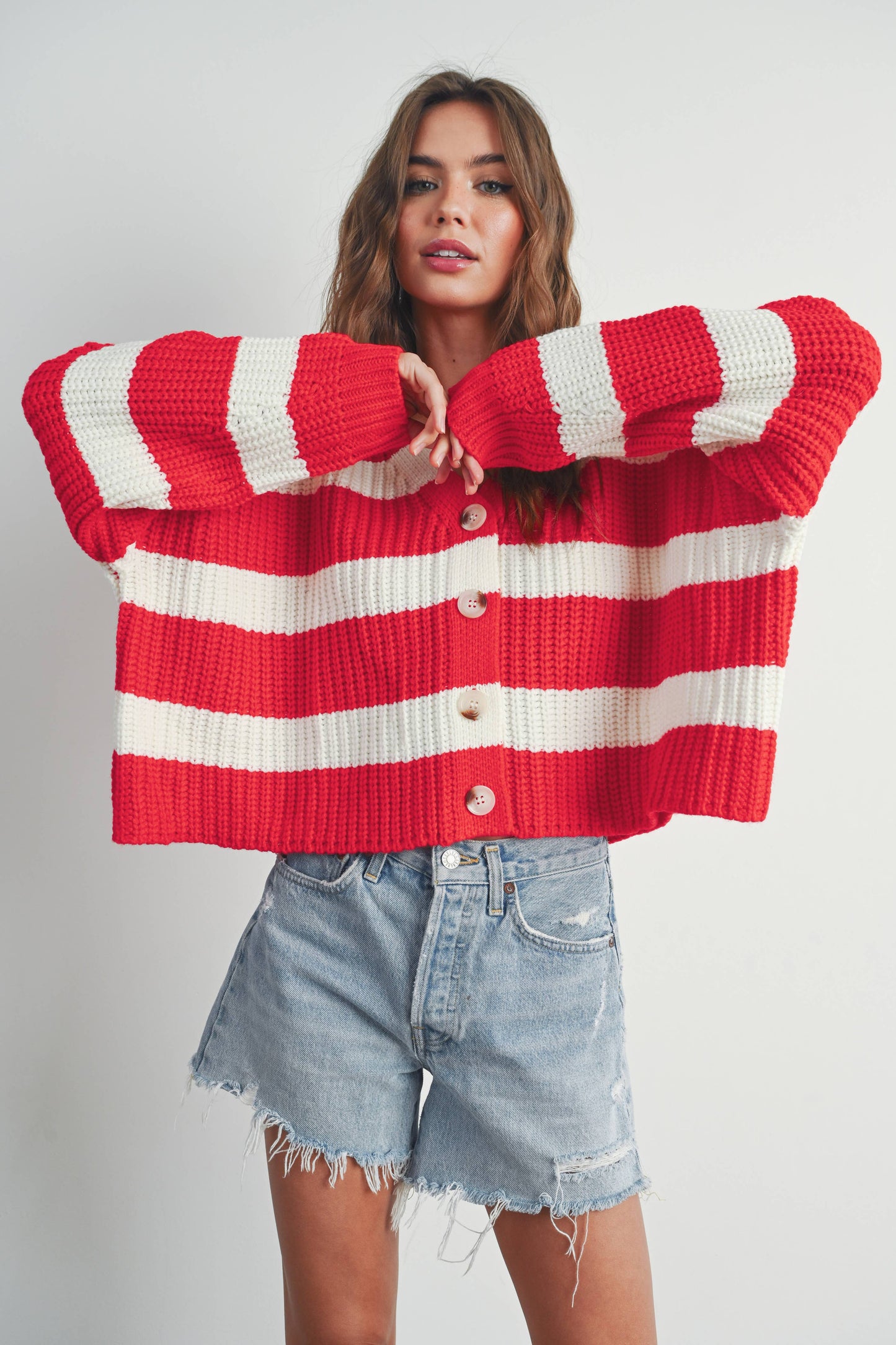 BUTTERMELON - Striped V-Neck Cardigan sweater with Buttons - BMC7331