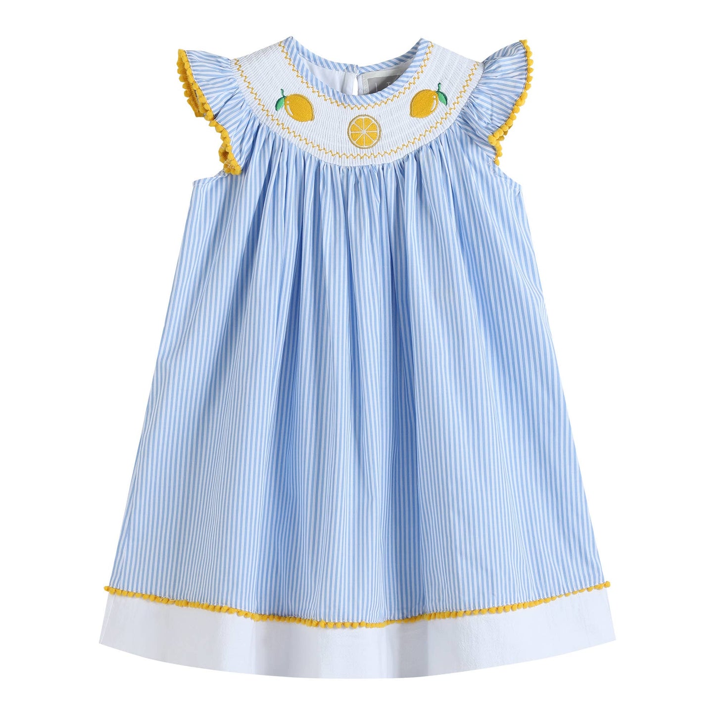 Lil Cactus - Light Blue Striped Lemons Smocked Bishop Dress