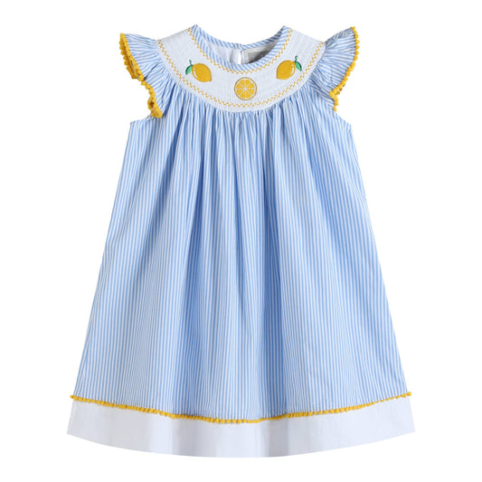 Lil Cactus - Light Blue Striped Lemons Smocked Bishop Dress