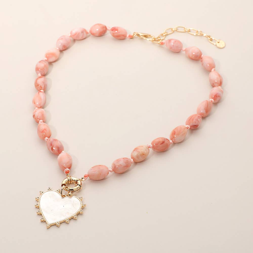 Sensibling Corp. - Mother of Pearl Heart Pendant Marbled Resin Oval Beaded Necklace