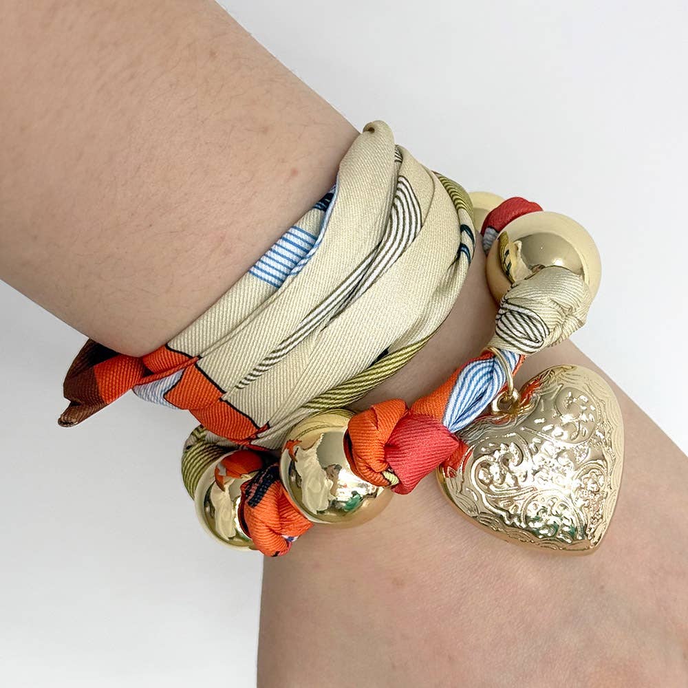 Sensibling Corp. - Gold Dipped Puffy Textured Heart Charm Accent Fabric Scarf Necklace / Adjustable Bracelet / Bag Charm