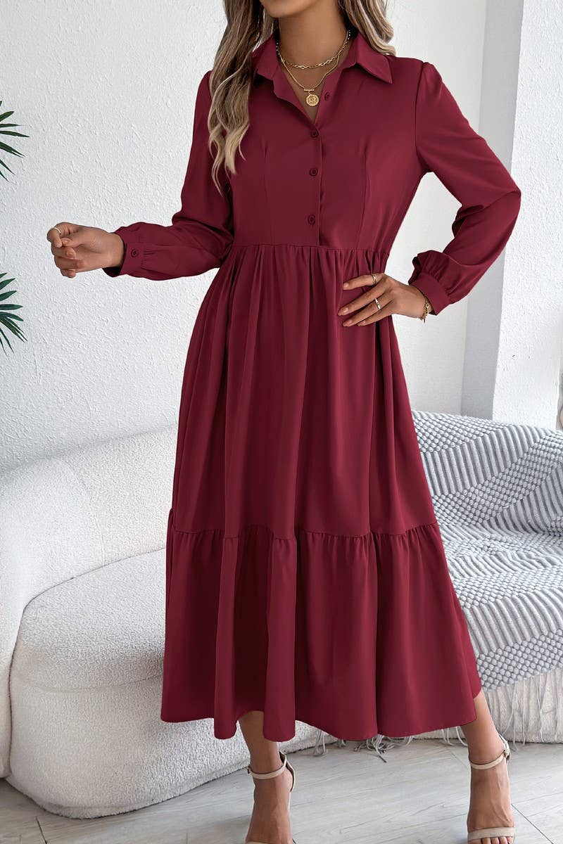 NINEXIS - CWDMD6027_LOOSE FIT RUFFLE TRIM LONG SLEEVE SHIRT DRESS