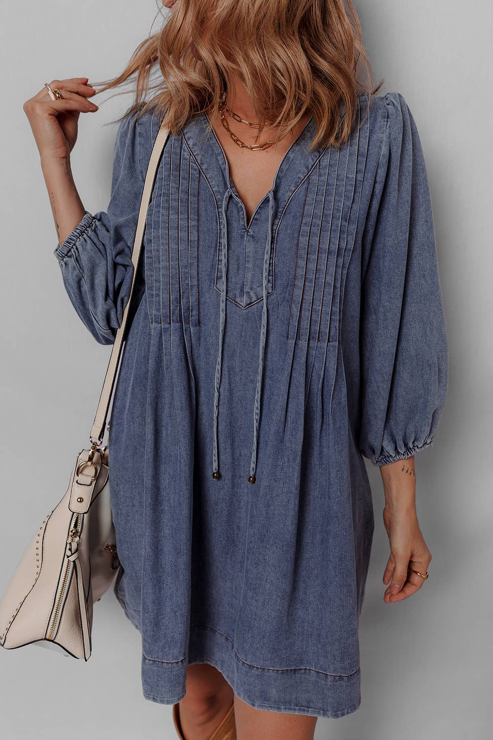 Little Daisy Closet -  LDC 3/4 Sleeve Tied V Neck Pleated Denim Mini Dress
