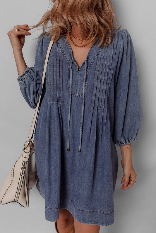 Little Daisy Closet -  LDC 3/4 Sleeve Tied V Neck Pleated Denim Mini Dress
