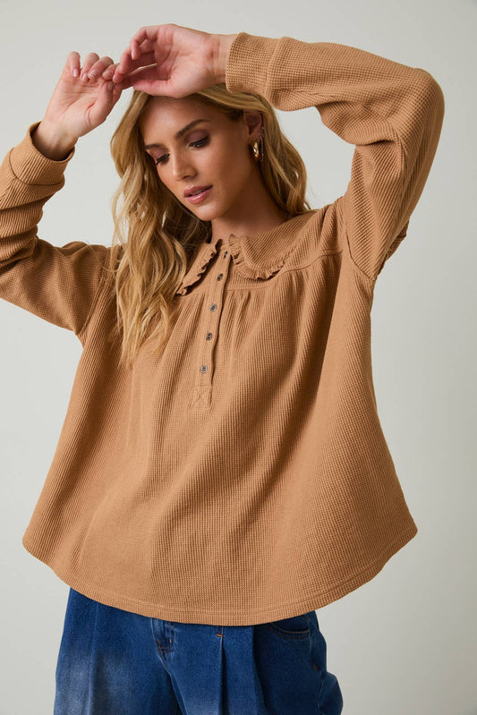 Sunday Edition by LE LIS - PETER PAN COLLARED THERMAL LONG SLEEVE BUTTON UP TOP