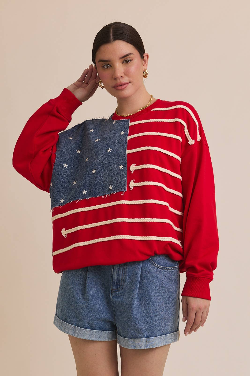 GILLI - CREW NECK LONG SLEEVE "USA FLAG" NOVELTY SWEATSHIRT