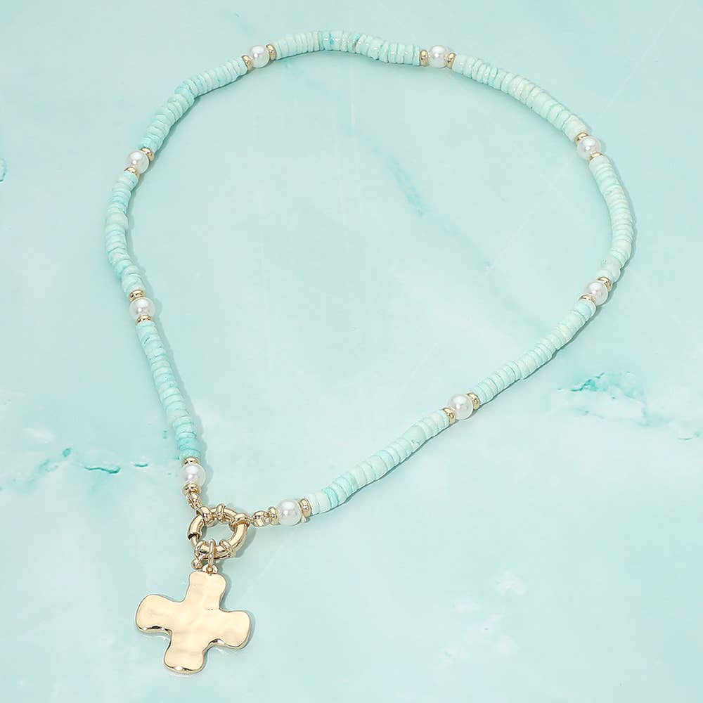 Sensibling Corp. - Hammered Metal Cross Charm Pendant Accent Pearl Flat Beaded Necklace
