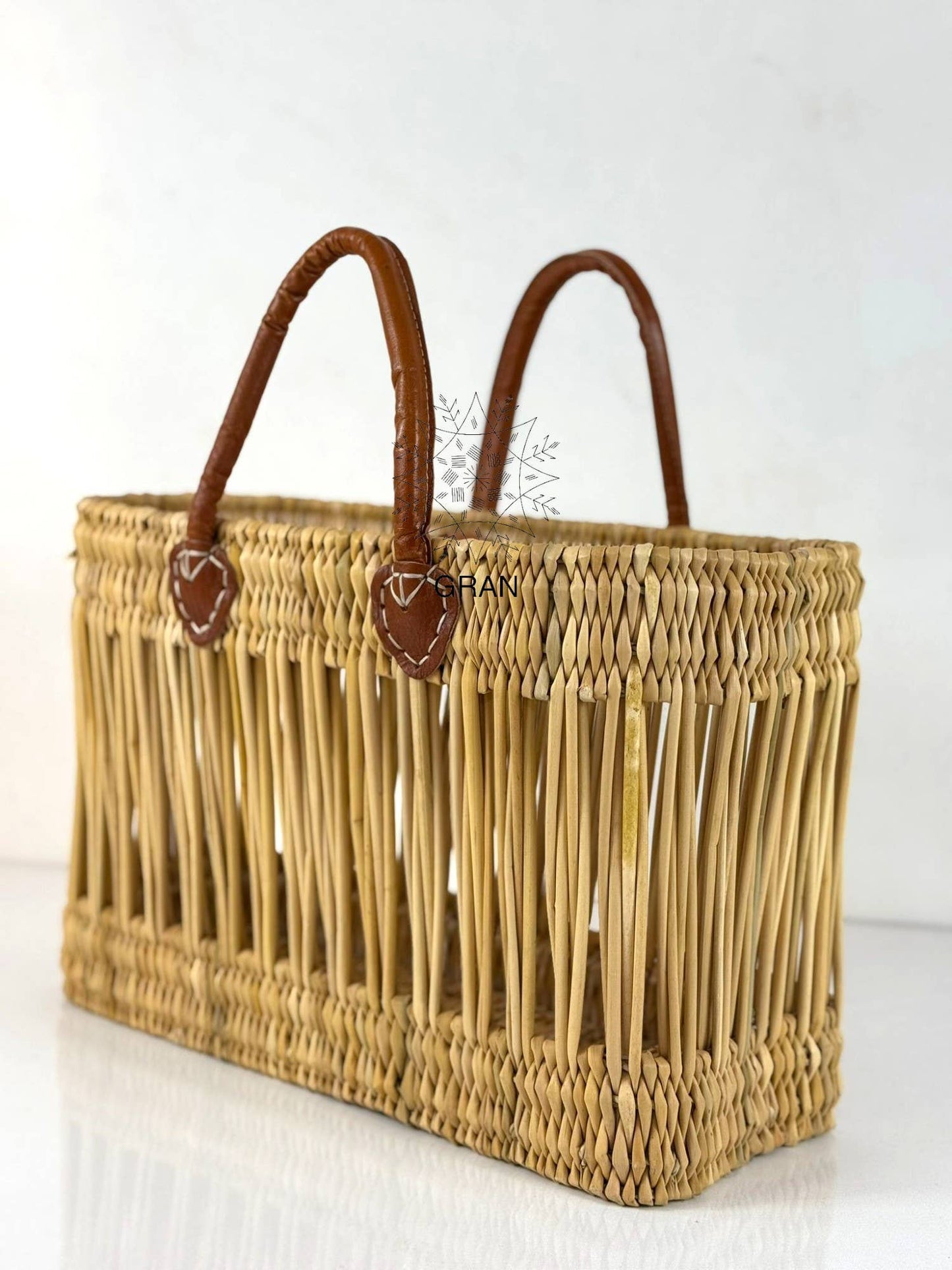 Gran Wholesale - Handwoven Open Reed Basket with Leather Handles