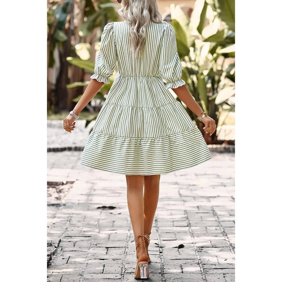Lovesoft - Striped V Neck Button Front Puff Sleeve Tiered Dress