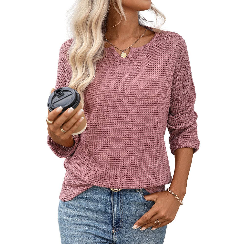 Lovesoft - Women’s Striped Waffle Knit Long Sleeve Casual T-Shirt Top