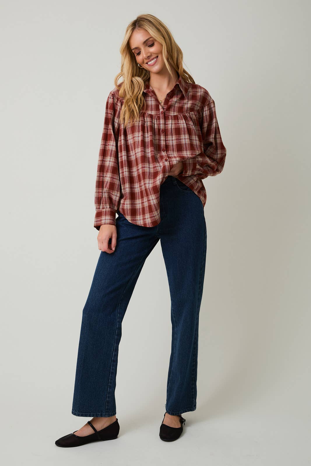 Sunday Edition by LE LIS - BALLOON SLEEVE BUTTON UP PLAID FLANNEL SHIRT