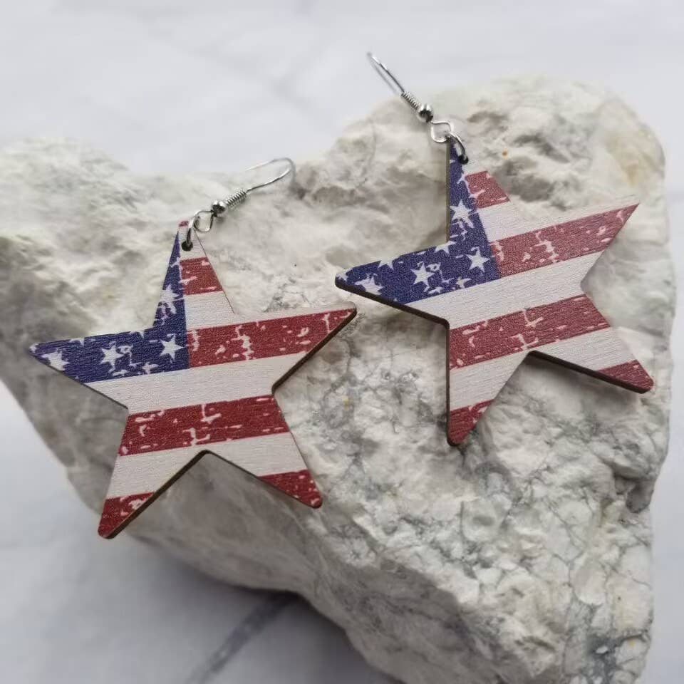 The Pretty Jewellery - Wood Patriotic Stars Earrings