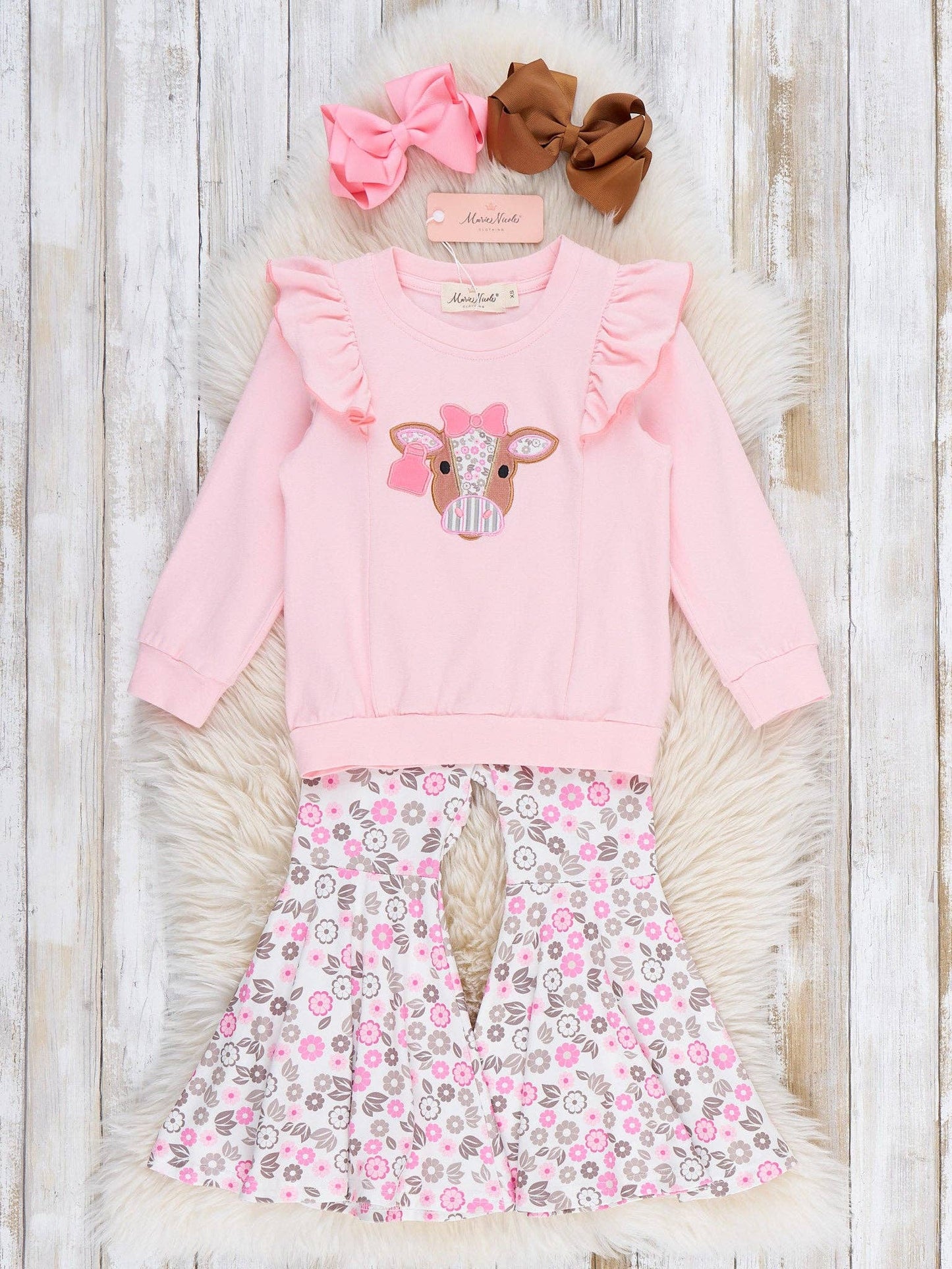 Marie Nicole Clothing - Floral Cow Cutie Ruffle Bell Bottom Outfit