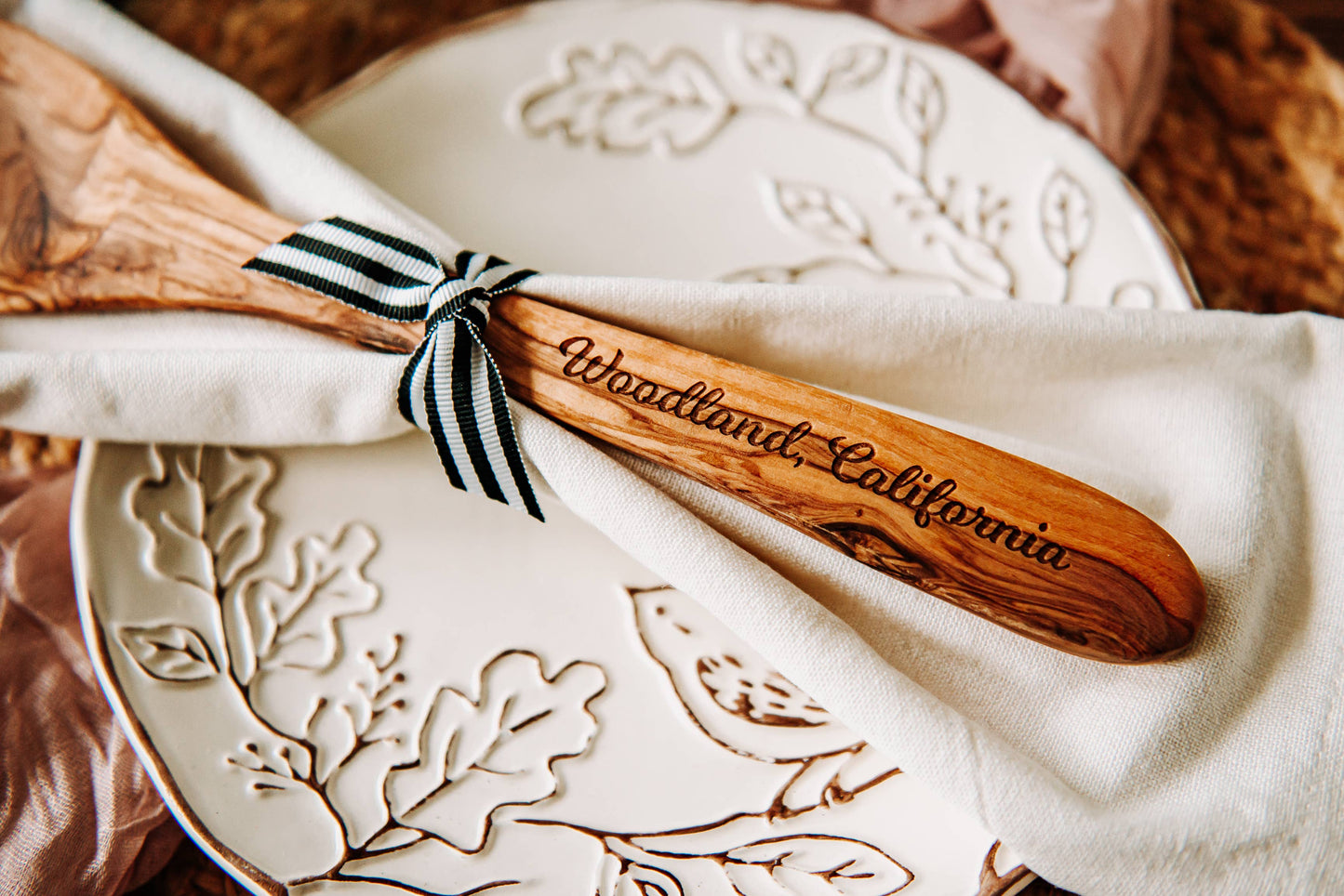 The Lillie Pad - Custom City Name Olive Wood Serving Spoon & Towel Gift Set