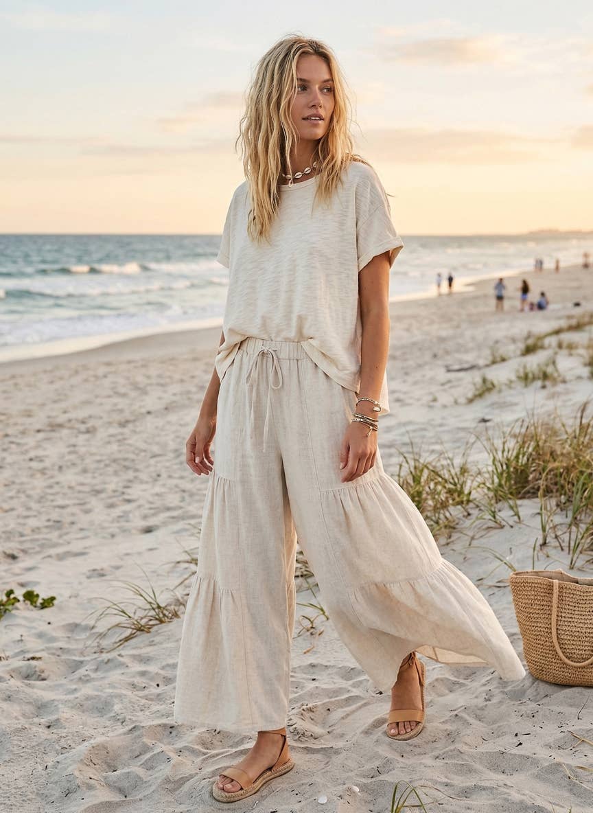 Sewn and Seen - Linen Blend Tiered Wide Leg Palazzo Pants