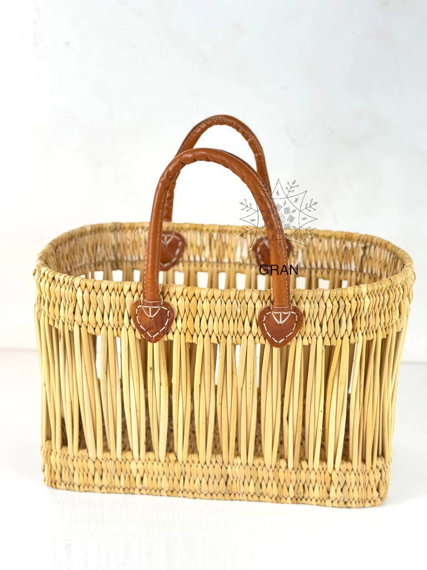 Gran Wholesale - Handwoven Open Reed Basket with Leather Handles