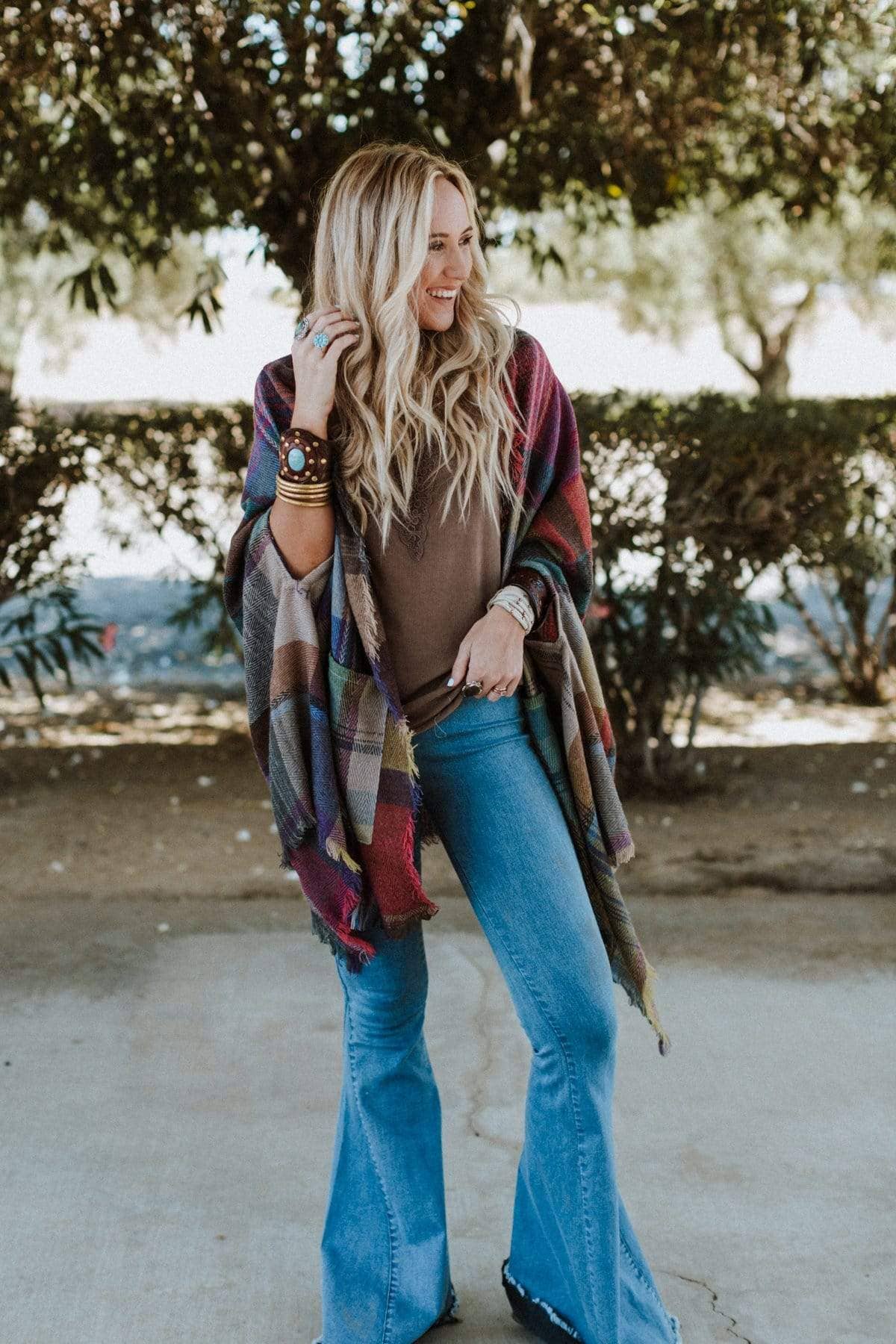 Three Bird Nest - Cozy Plaid Pocket Ruana Wrap - Fuchsia