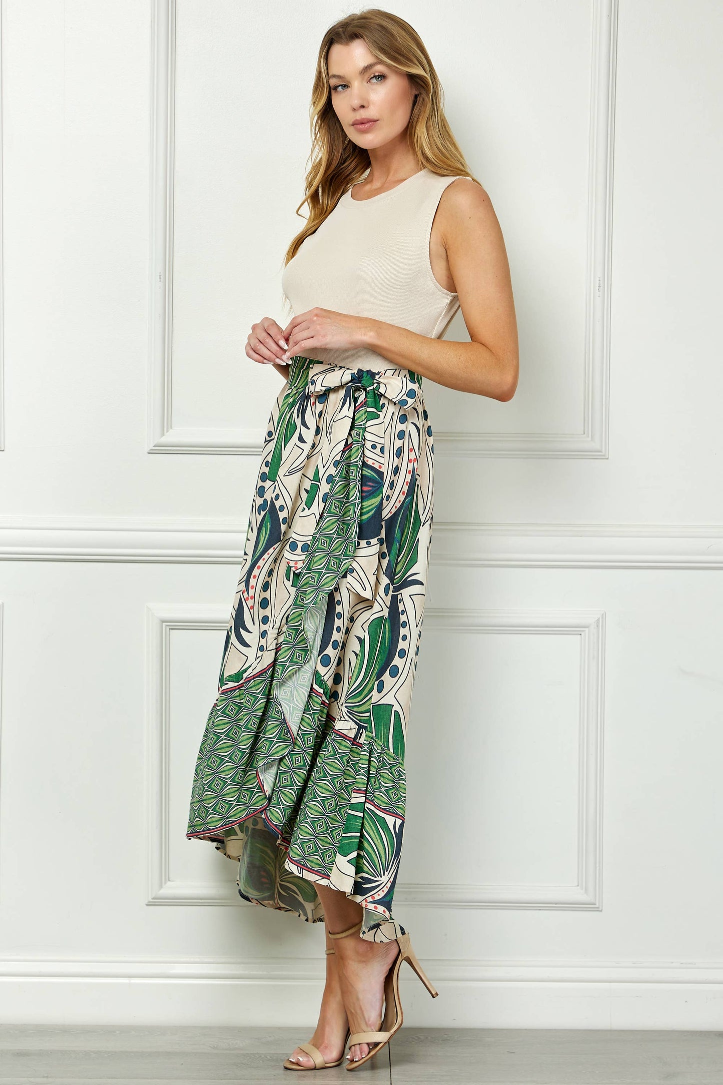 Winslow Collection - TROPIC TALES BELTED FAUX WRAP PRINTED DRESS WITH RUFFLE HEM