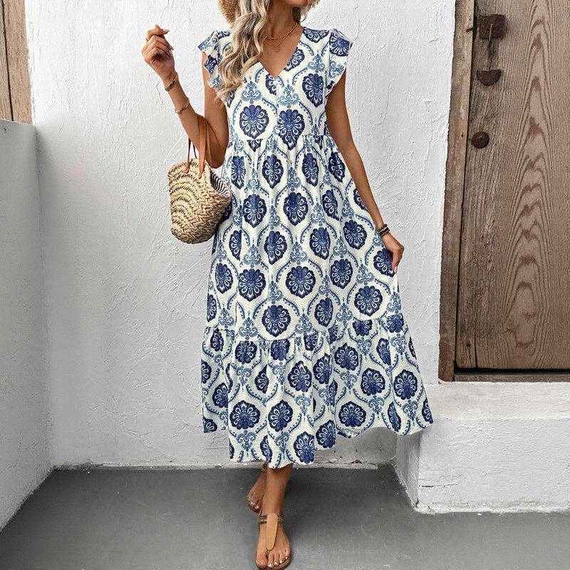 Lovesoft - Loose-Fit Deep V-Neck Floral Print Maxi Dress