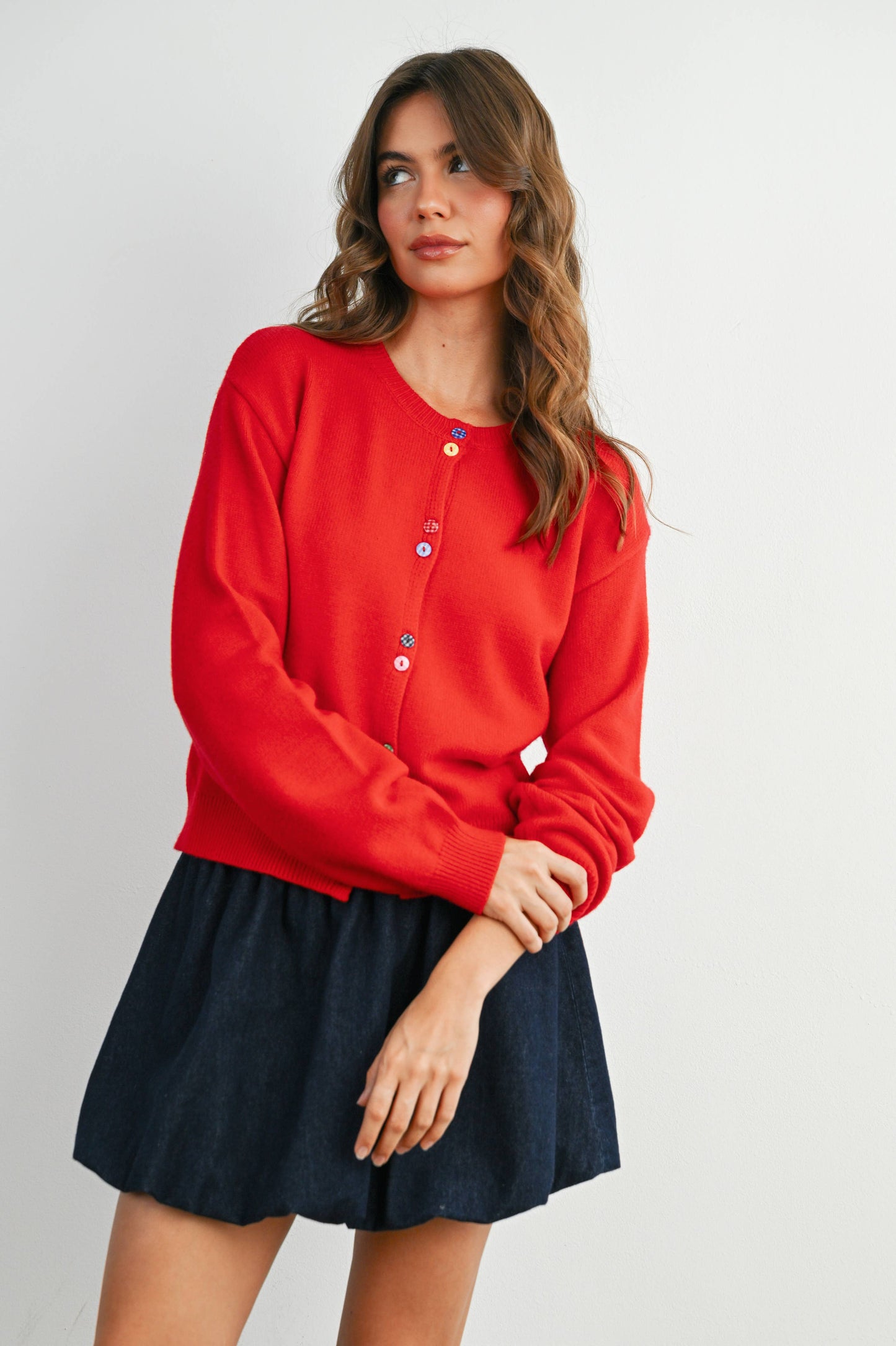 BUTTERMELON - Long Sleeve Buttoned Cropped Cardigan Sweater - BMC7906