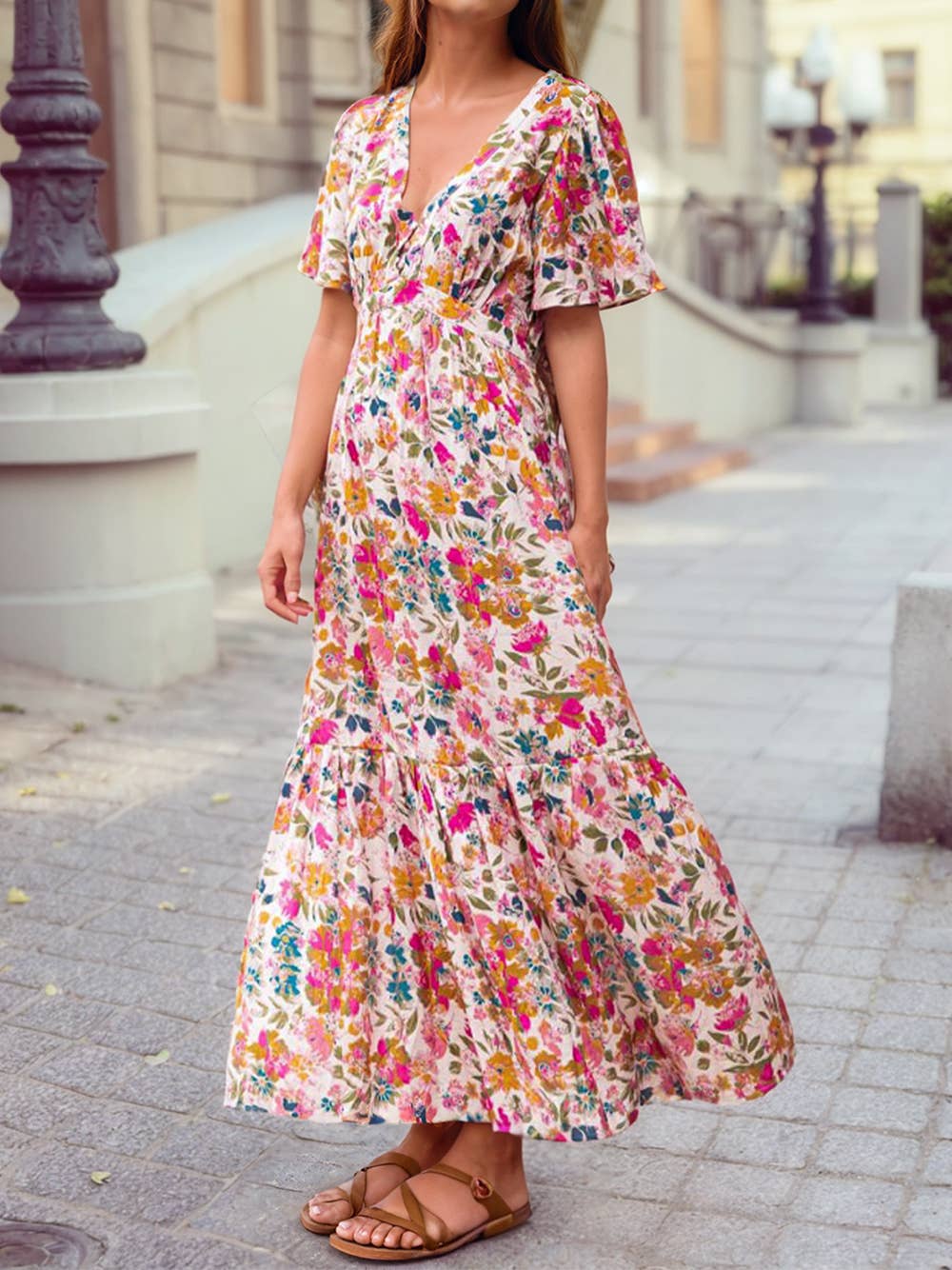 1 the Woman - Floral Short Sleeve V Neck High Waist Maxi Dress