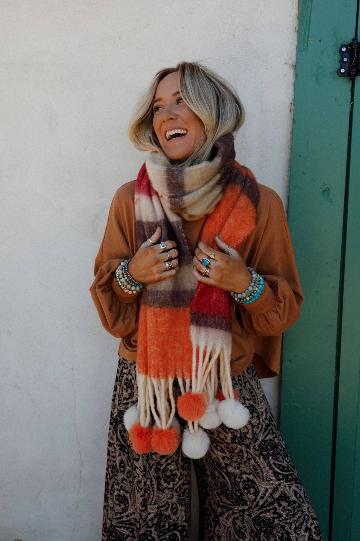 Three Bird Nest - Chill Stripe Pom Scarf - Orange