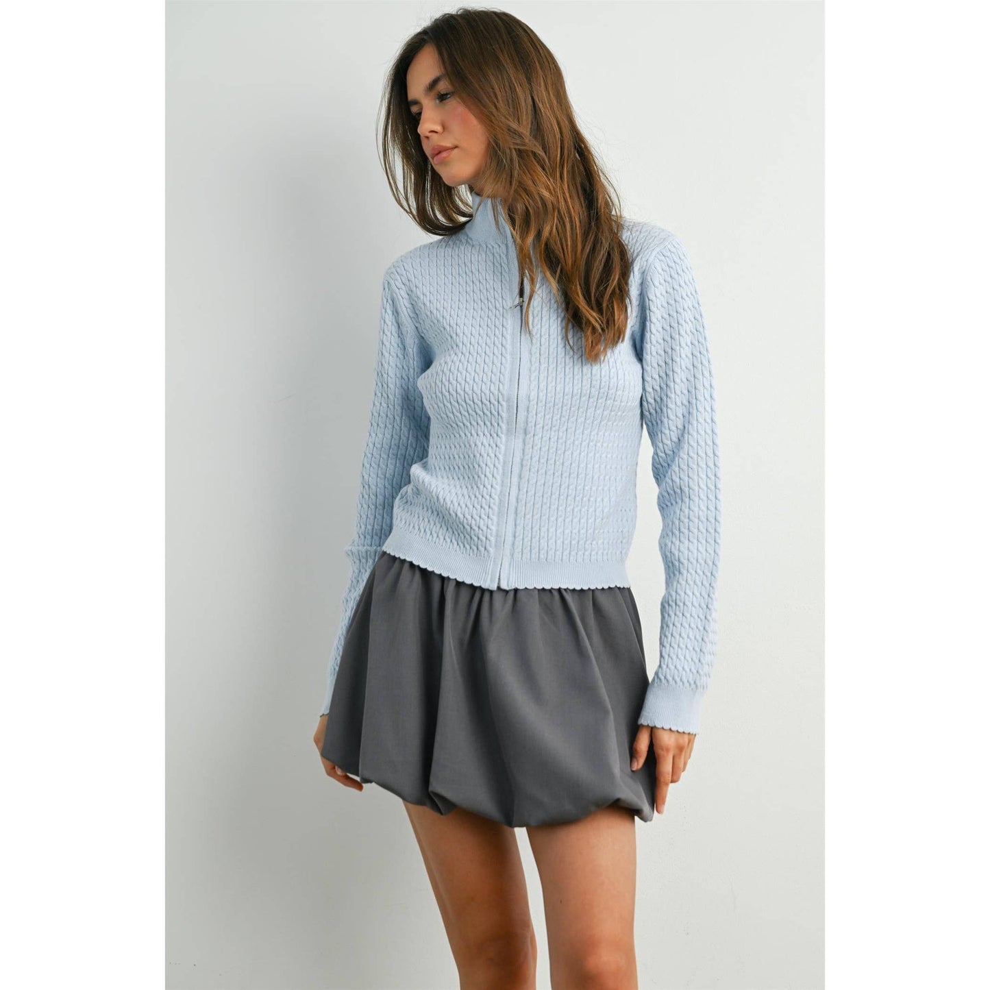 BUTTERMELON - Zip Up Long Sleeve Mock Neck Cardigan - BMC7936