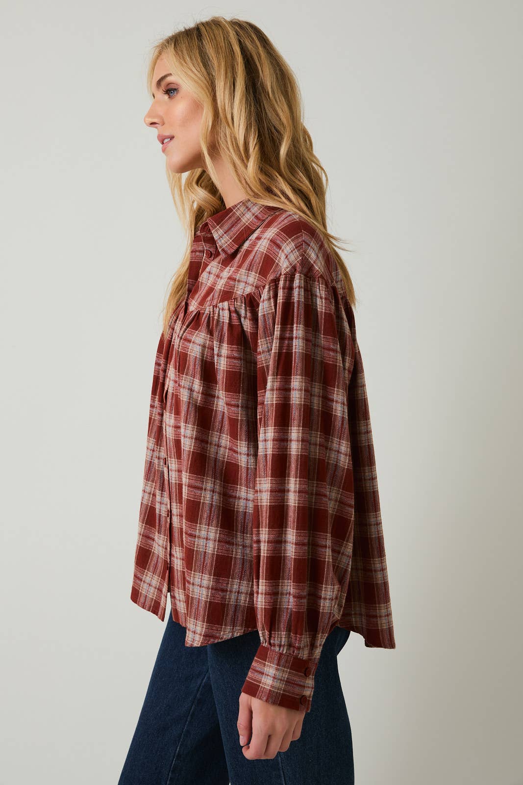 Sunday Edition by LE LIS - BALLOON SLEEVE BUTTON UP PLAID FLANNEL SHIRT
