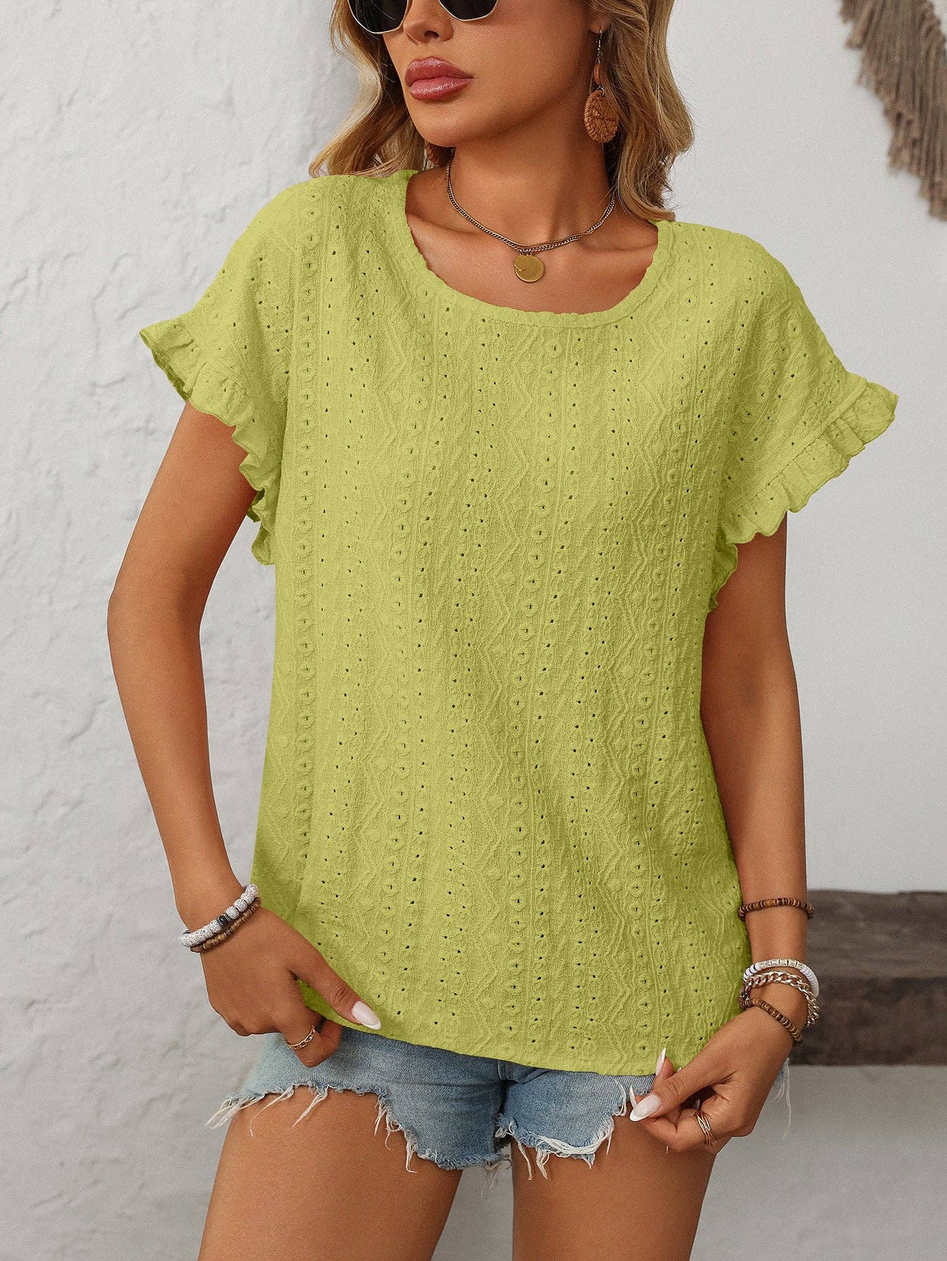 Lovesoft - Solid Color Crewneck Sweet Short-Sleeve Hollow-Out Top