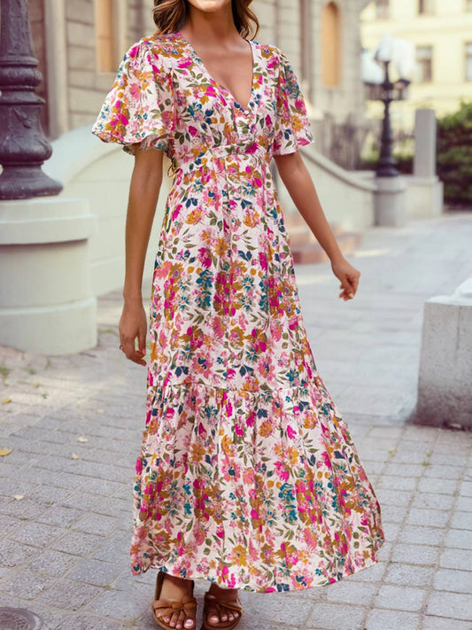 1 the Woman - Floral Short Sleeve V Neck High Waist Maxi Dress