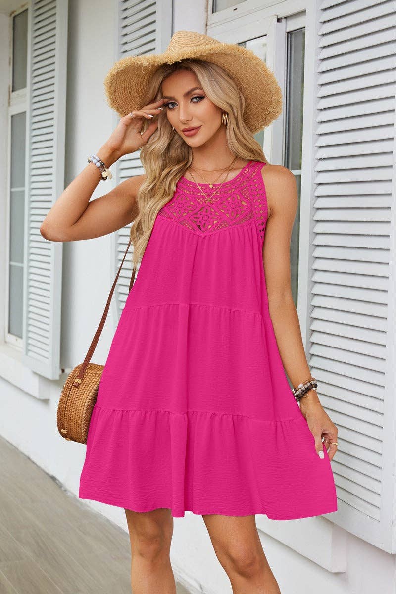 Lovesoft - Halter Neck Lace Trim Tiered A Line Summer Dress