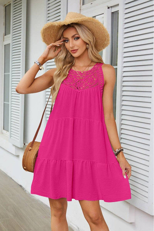 Lovesoft - Halter Neck Lace Trim Tiered A Line Summer Dress