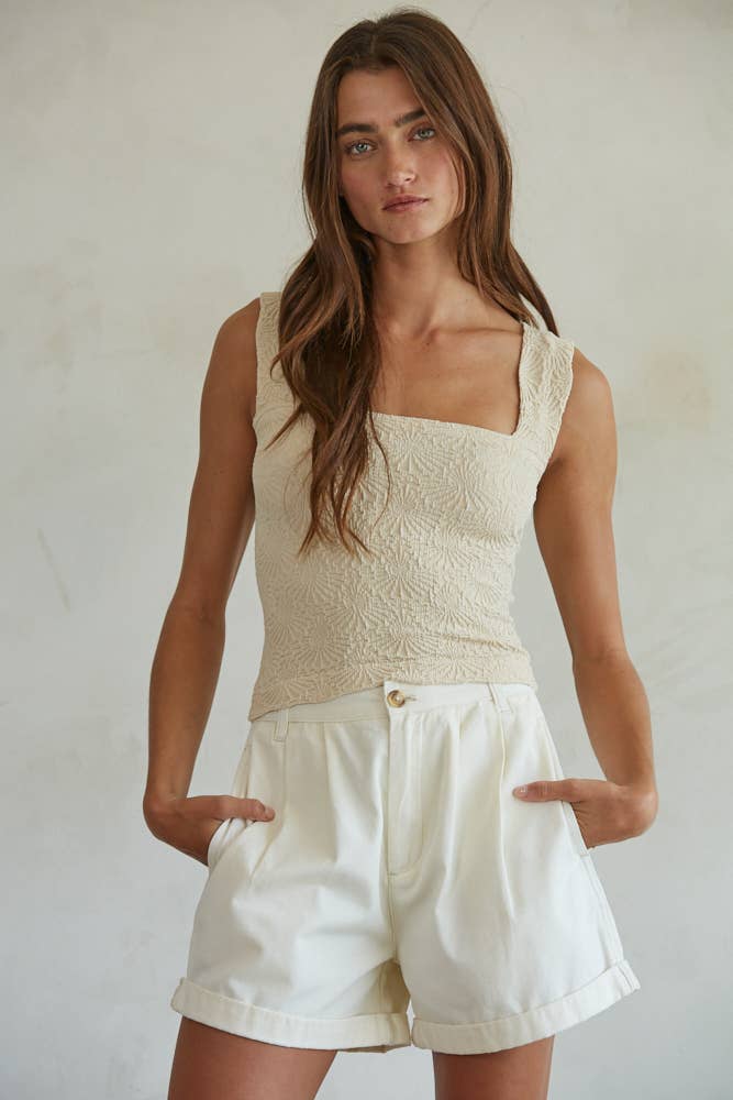 By Together - L5597 | Cotton Pleated Front Relax Fit Wide Leg Shorts