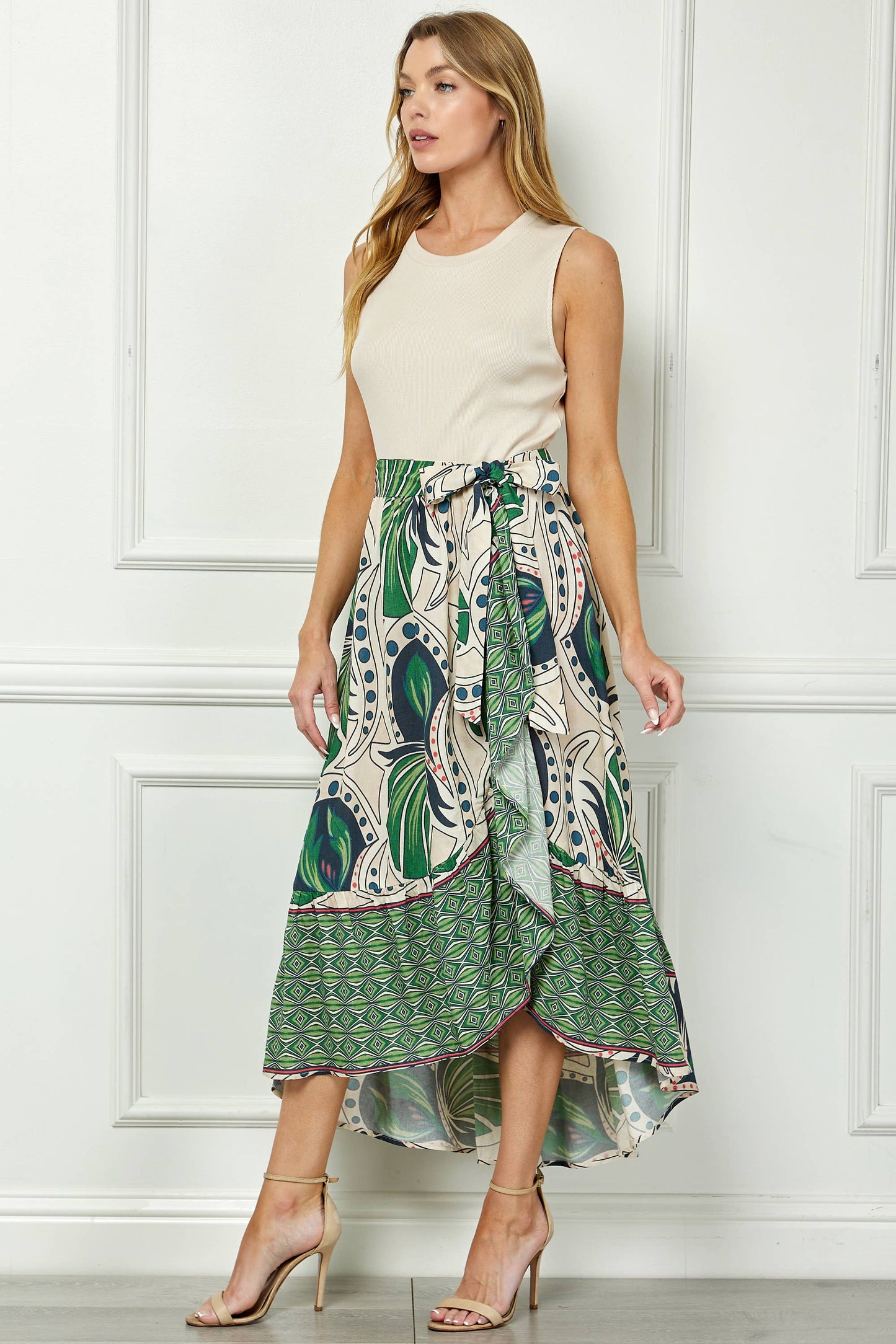 Winslow Collection - TROPIC TALES BELTED FAUX WRAP PRINTED DRESS WITH RUFFLE HEM