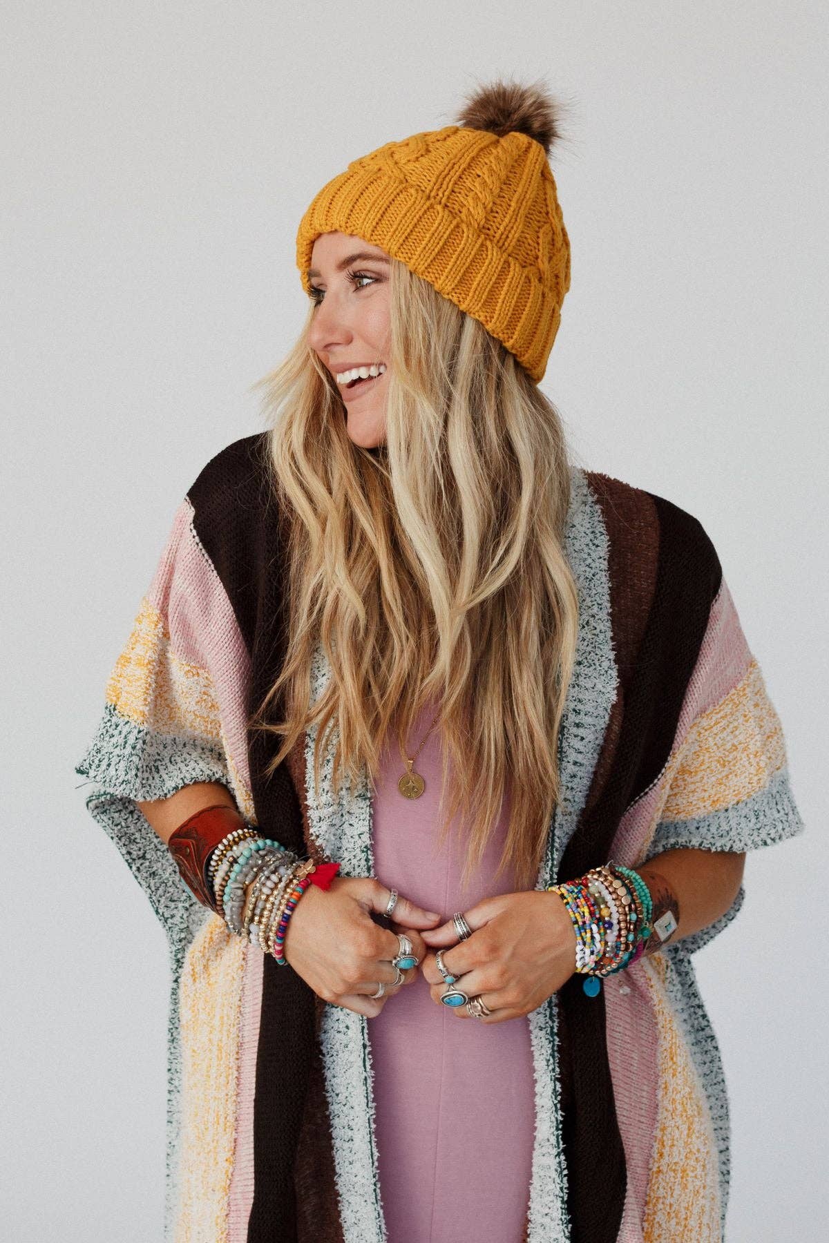 Three Bird Nest - Cable Knit Faux Fur Pom Beanie - Mustard