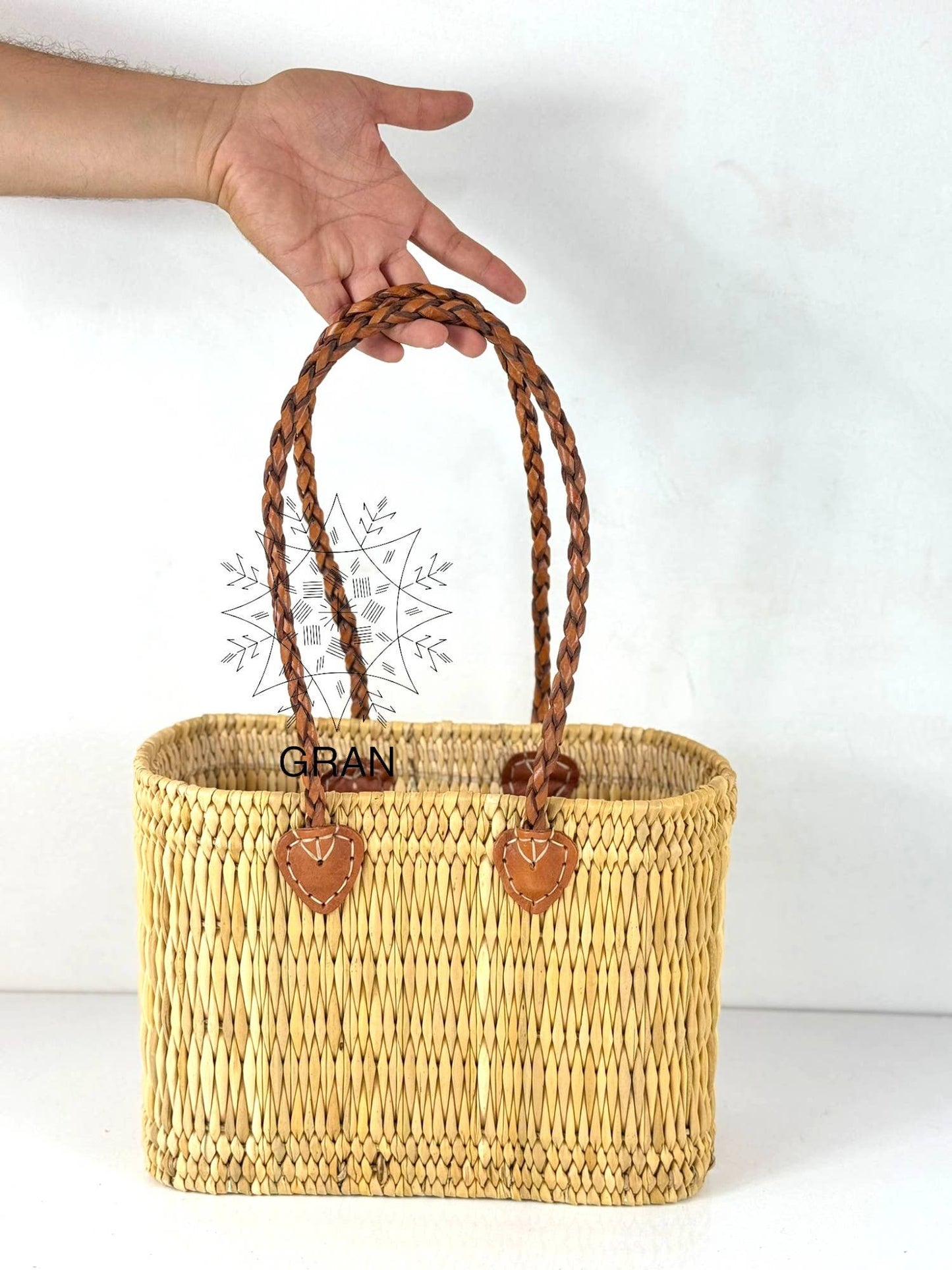 Gran Wholesale - Handwoven Reed Basket with Braided Leather Handles