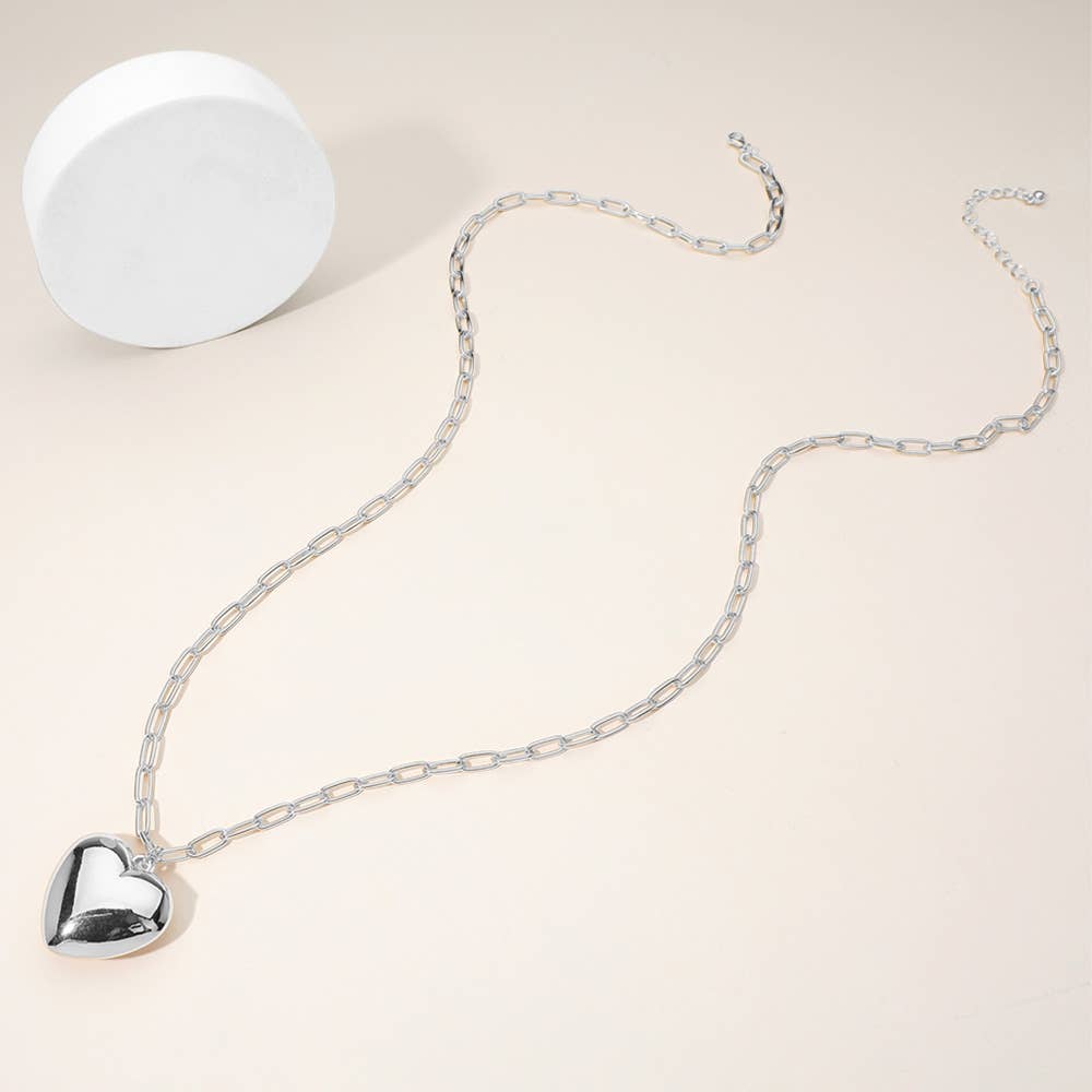 Sensibling Corp. - Metal Puffy Heart Pendant Paperclip Chain Long Necklace