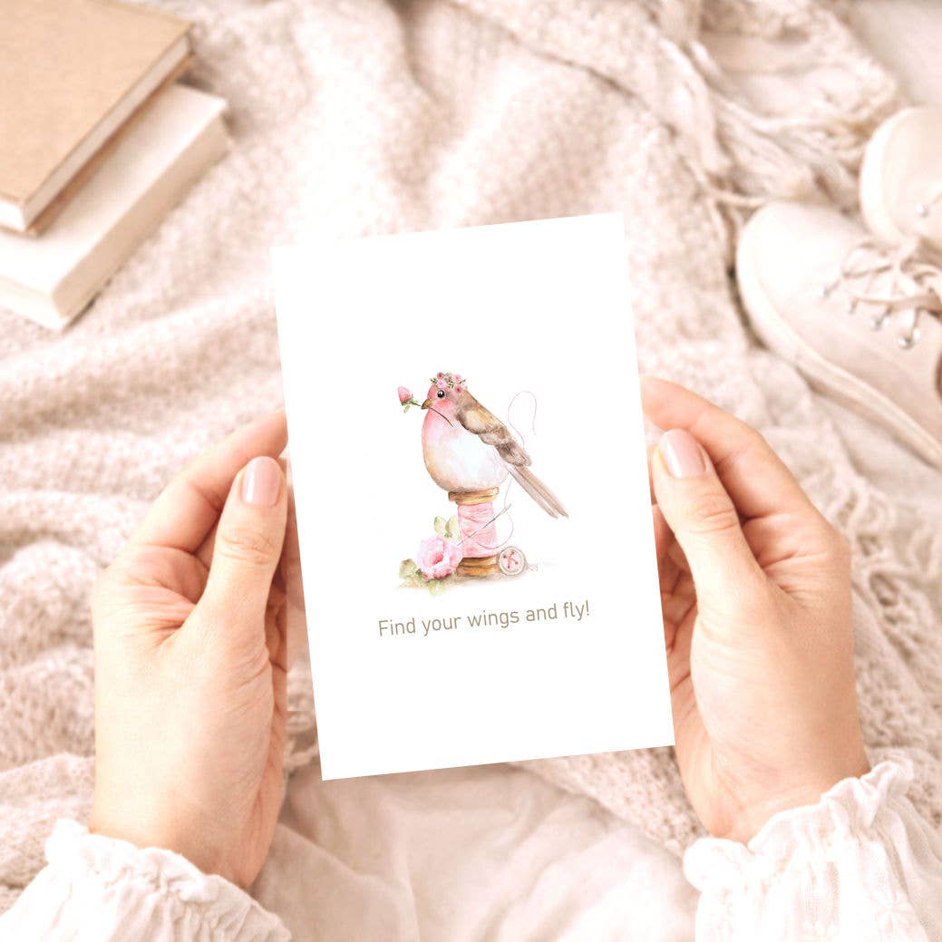 Bellflower Girl - Find Your Wings & Fly | Watercolor Pink Bird Friendship Card