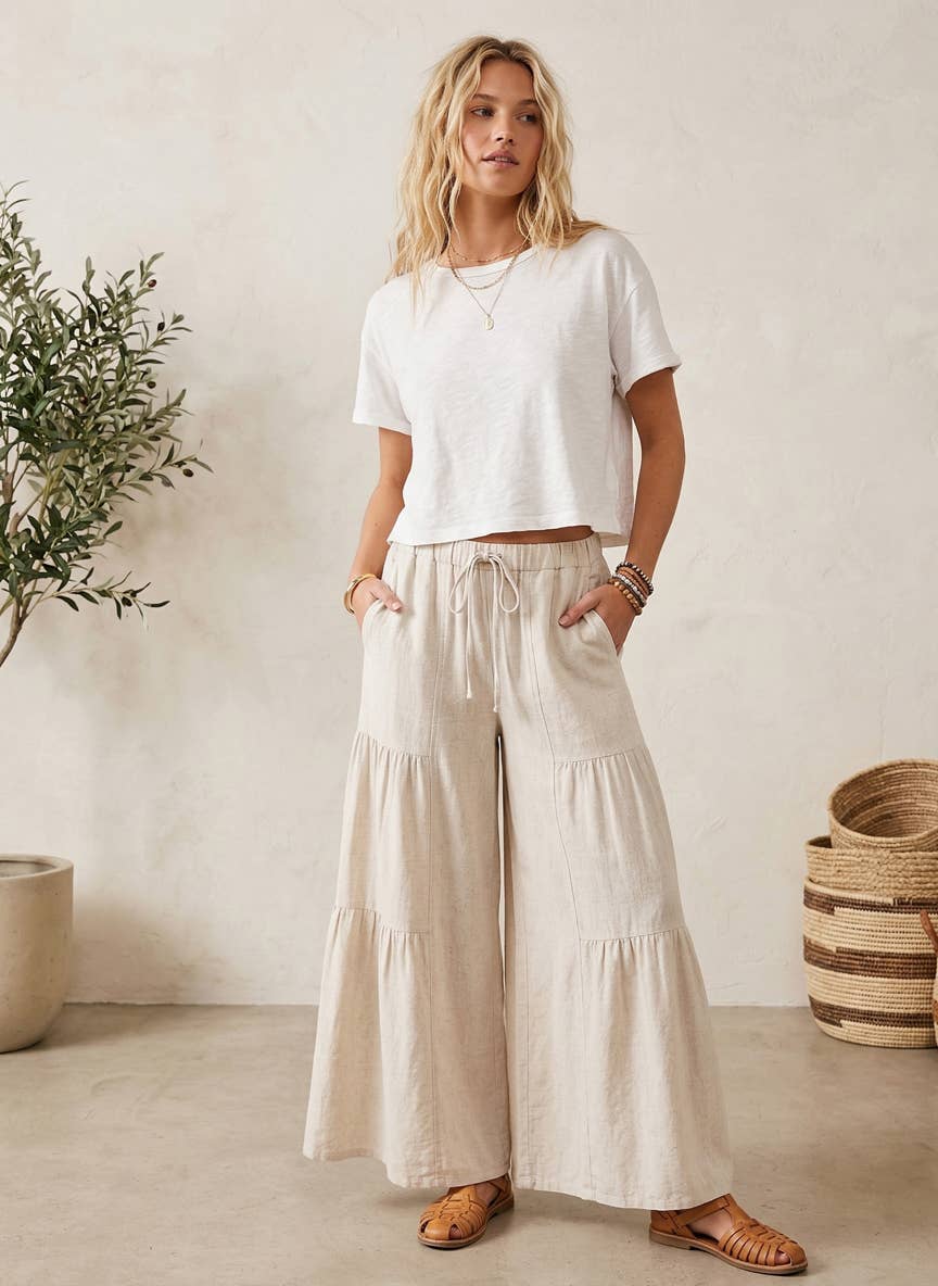 Sewn and Seen - Linen Blend Tiered Wide Leg Palazzo Pants